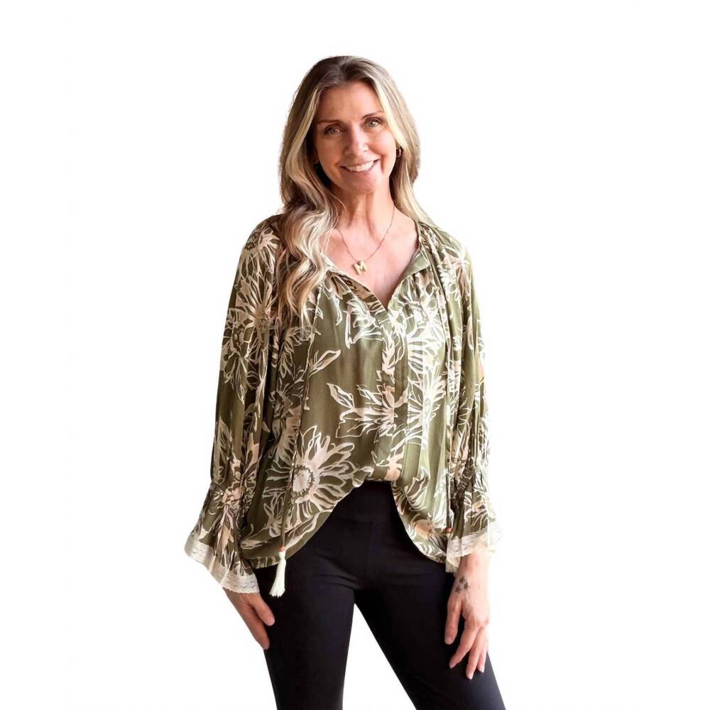 NEW ODDI v neck pattern puff sleeves blouse in green